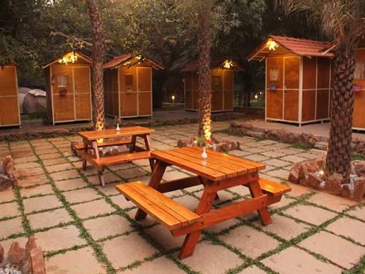 Cozy glamping huts with glowing lanterns among the trees at dusk