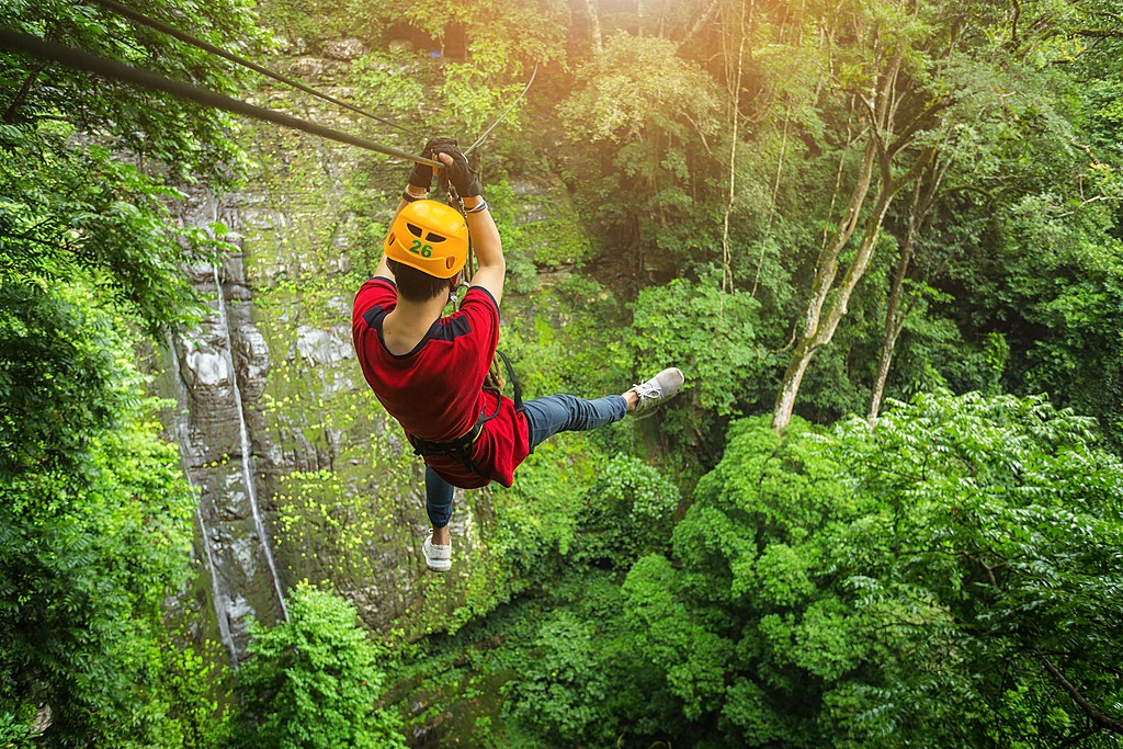 Adventurer gliding along zip line through lush mango tree branches