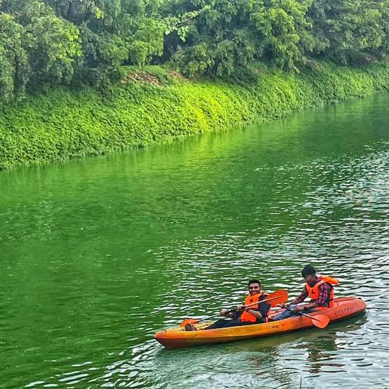 Pair in kayaks paddling calmly with life jackets on tranquil water